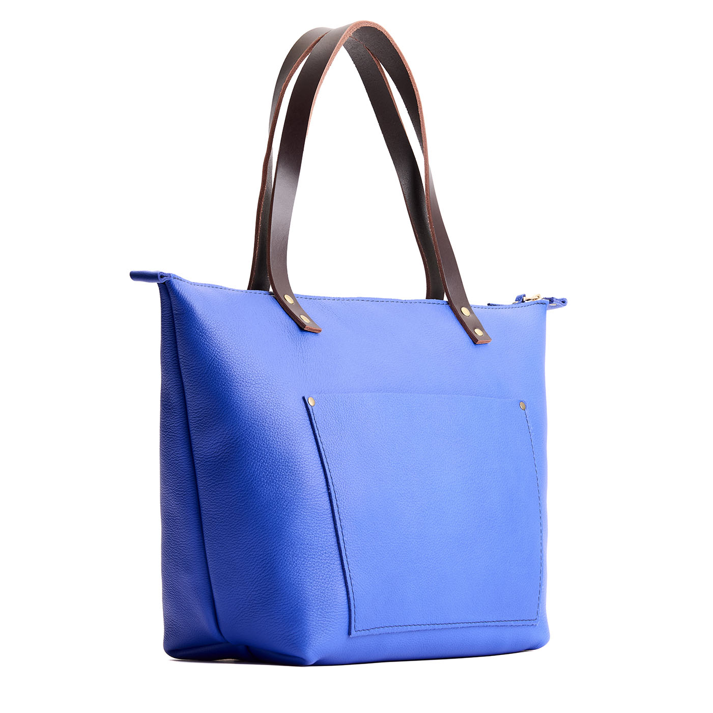 Astro Blue*Zipper | Large leather tote bag with sturdy bridle handles and front pocket