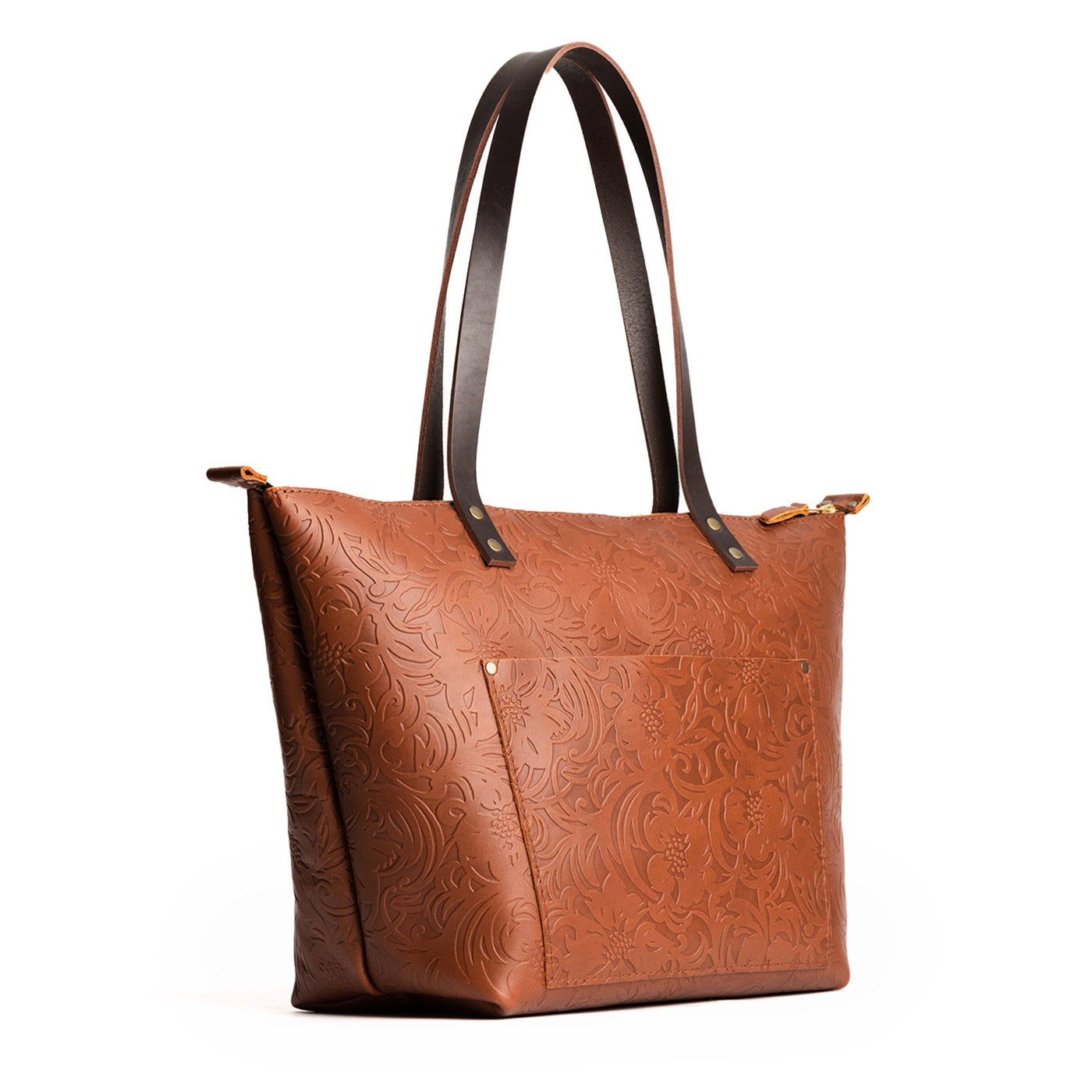 Meadow*Zipper | Large zipper leather tote bag with sturdy bridle handles and front pocket