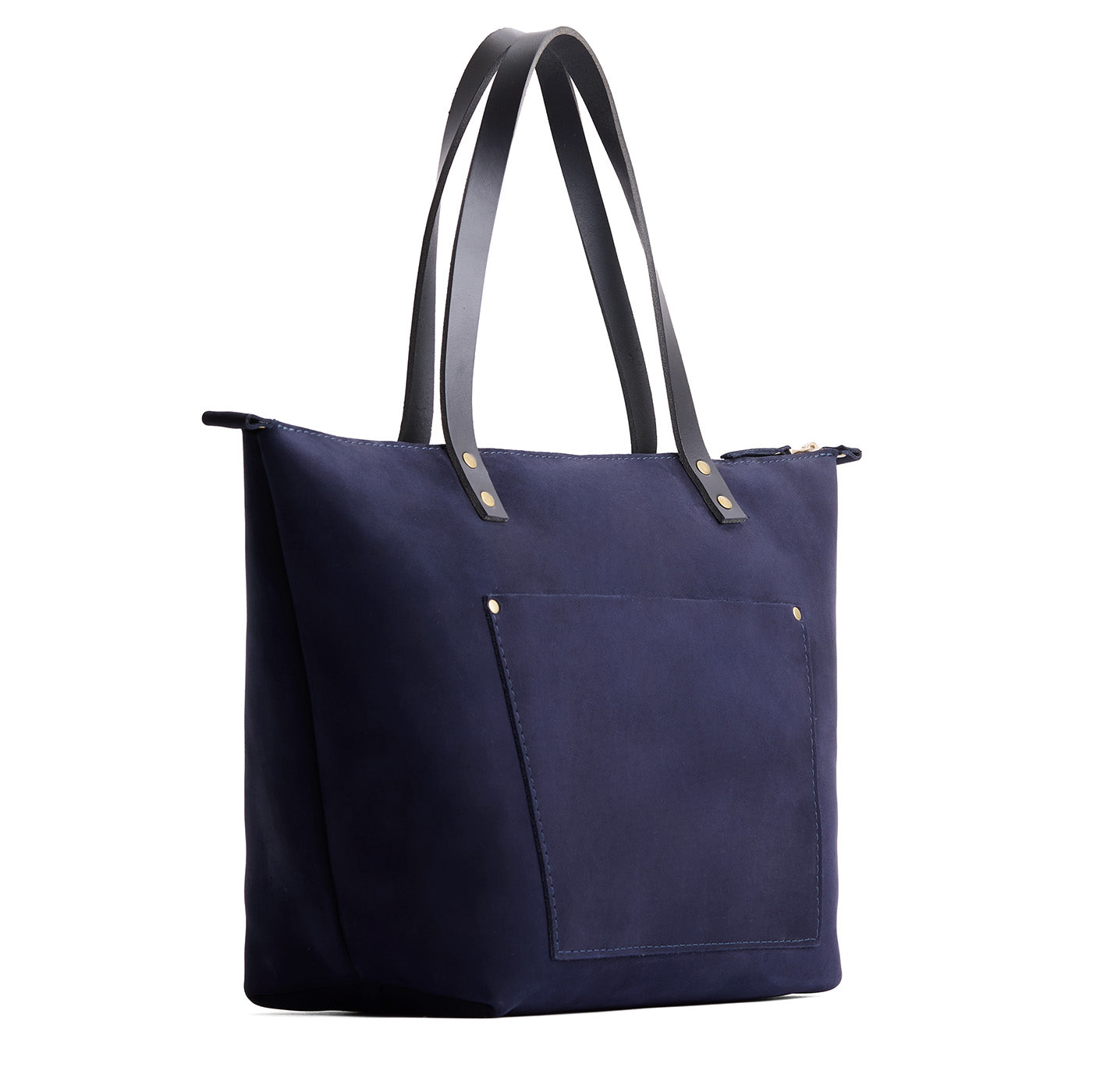 Velvet Blue*Zipper | Large leather tote bag with sturdy bridle handles and front pocket