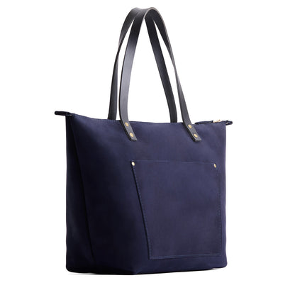 Velvet Blue*Zipper | Large leather tote bag with sturdy bridle handles and front pocket