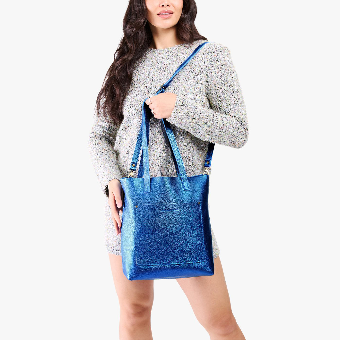 Comet Blue*Classic | Model holding medium Tote with dual shoulder straps and crossbody strap