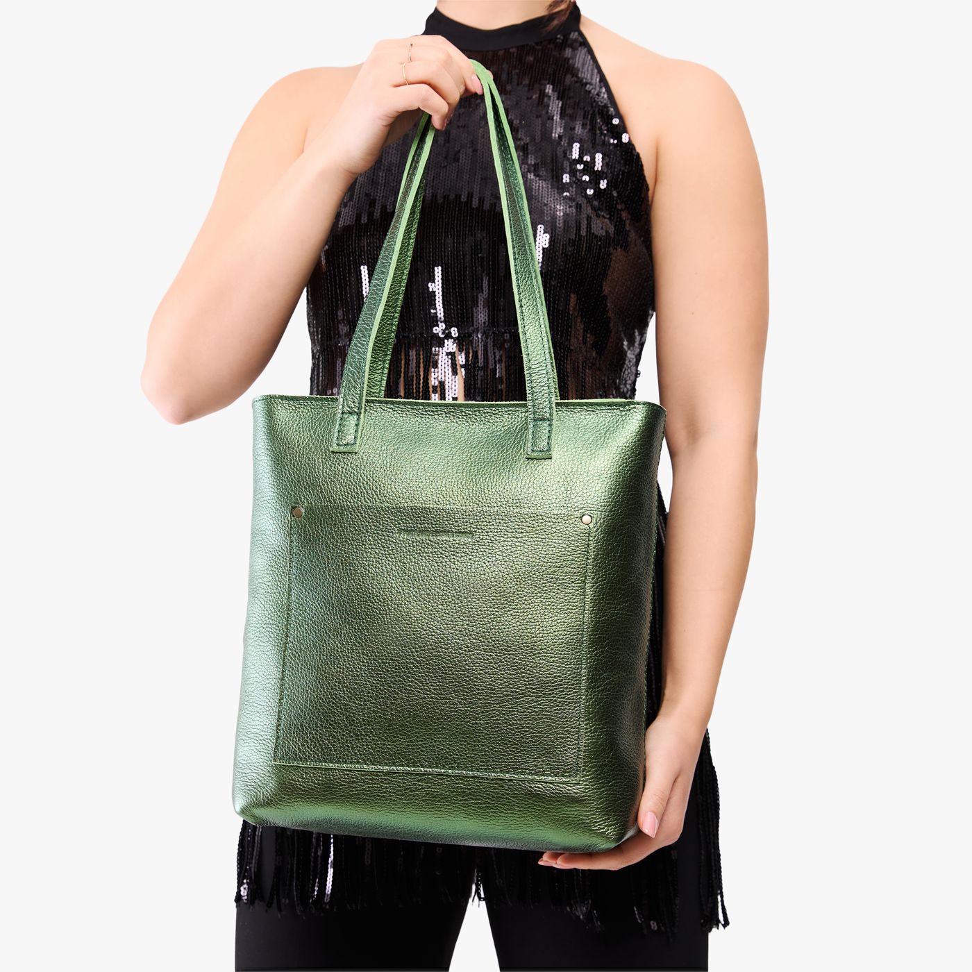 Metallic Greench*Zipper | Model holding medium Tote with dual shoulder straps and crossbody strap