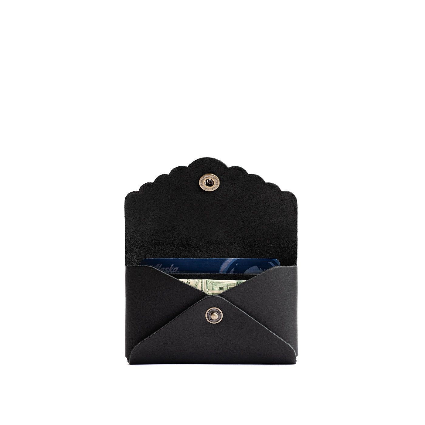 Black | Leather card wallet with scalloped edge open