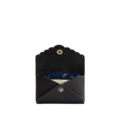 Black | Leather card wallet with scalloped edge open