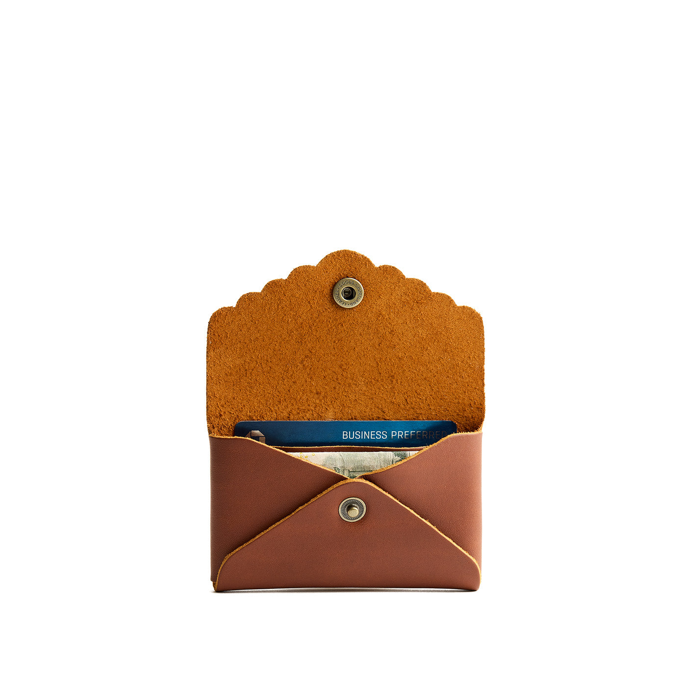 Honey | Leather card wallet with scalloped edge open
