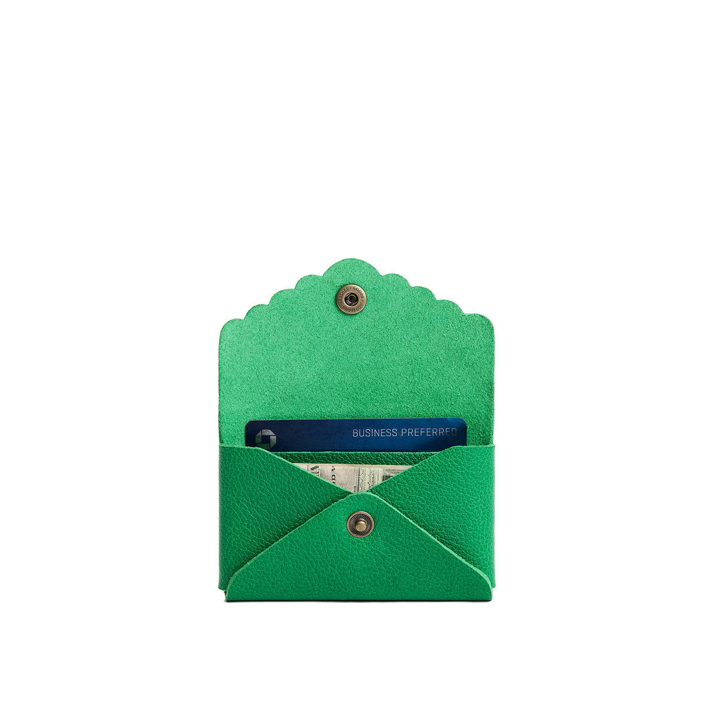 Jolly Green | Leather card wallet with scalloped edge open