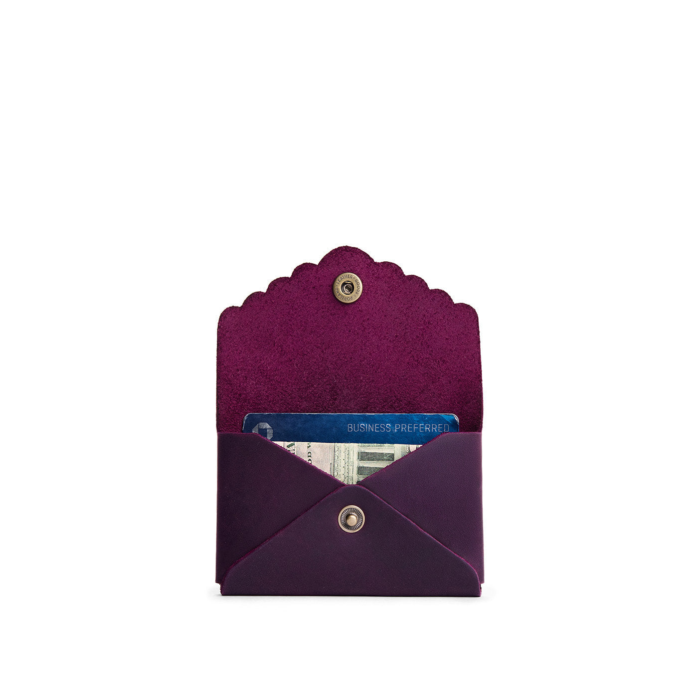Larkspur | Leather card wallet with scalloped edge open