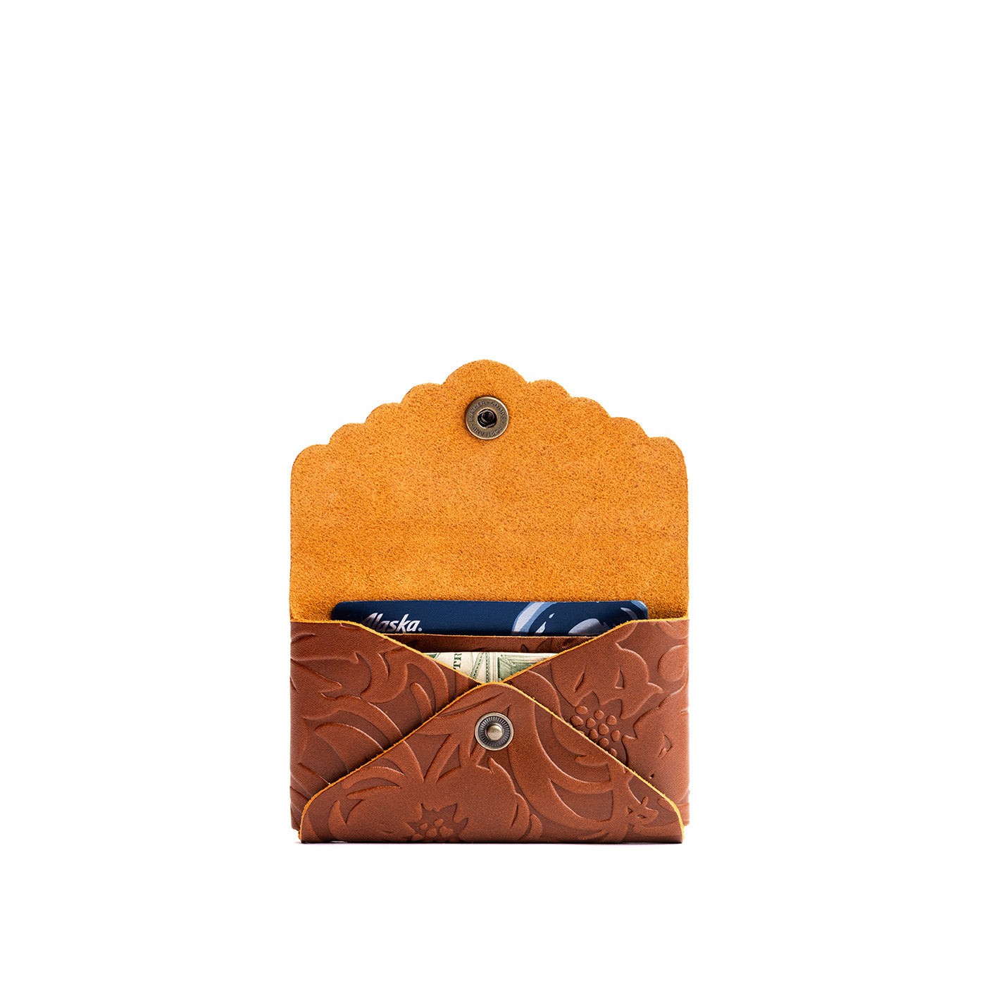 Meadow | Leather card wallet with scalloped edge open