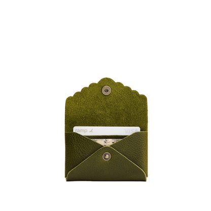 Pebbled Olive | Leather card wallet with scalloped edge open