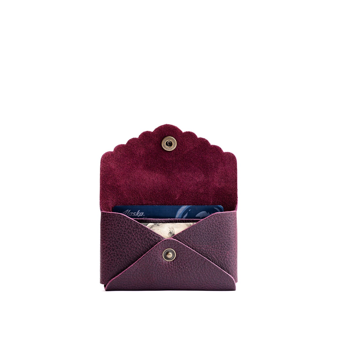 Plum | Leather card wallet with scalloped edge open