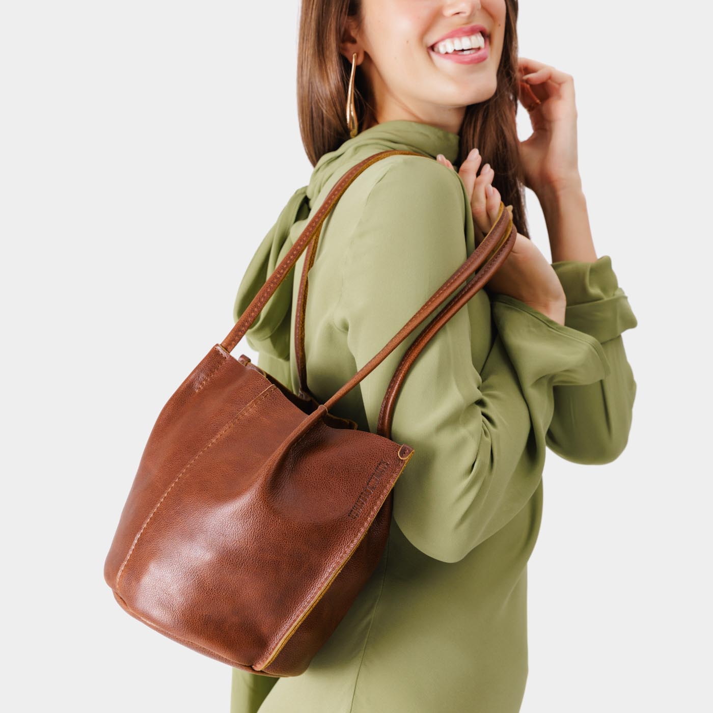 Nutmeg*Small | Petite bucket shaped tote bag with matching leather handles