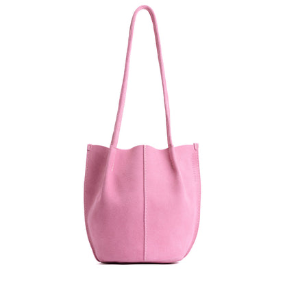 Pink Suede*Small | Petite bucket shaped tote bag with matching leather handles