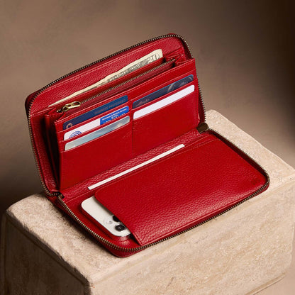 Icon Red | Full zip around wallet open with card and storage pockets