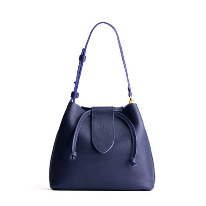 Cobalt*Large | Symmetrical leather bag with leather drawstring closure and adjustable shoulder strap