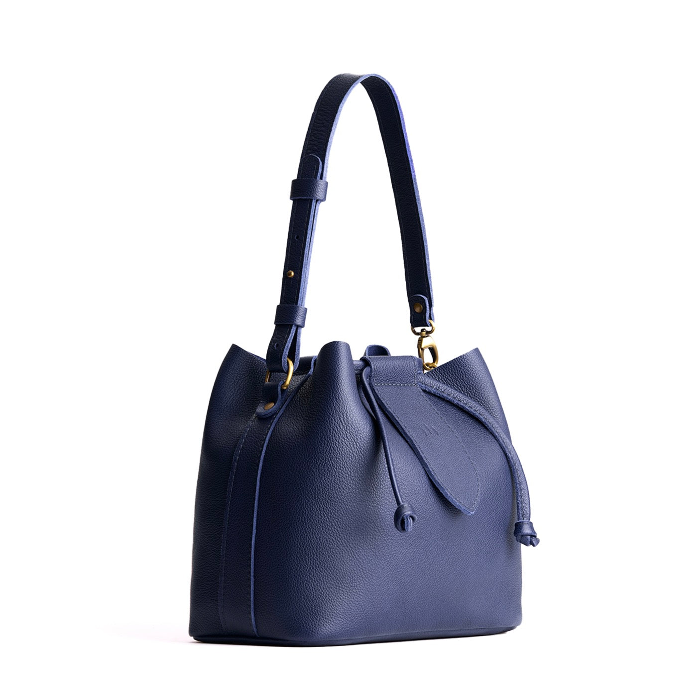 Cobalt*Large | Symmetrical leather bag with leather drawstring closure and adjustable shoulder strap