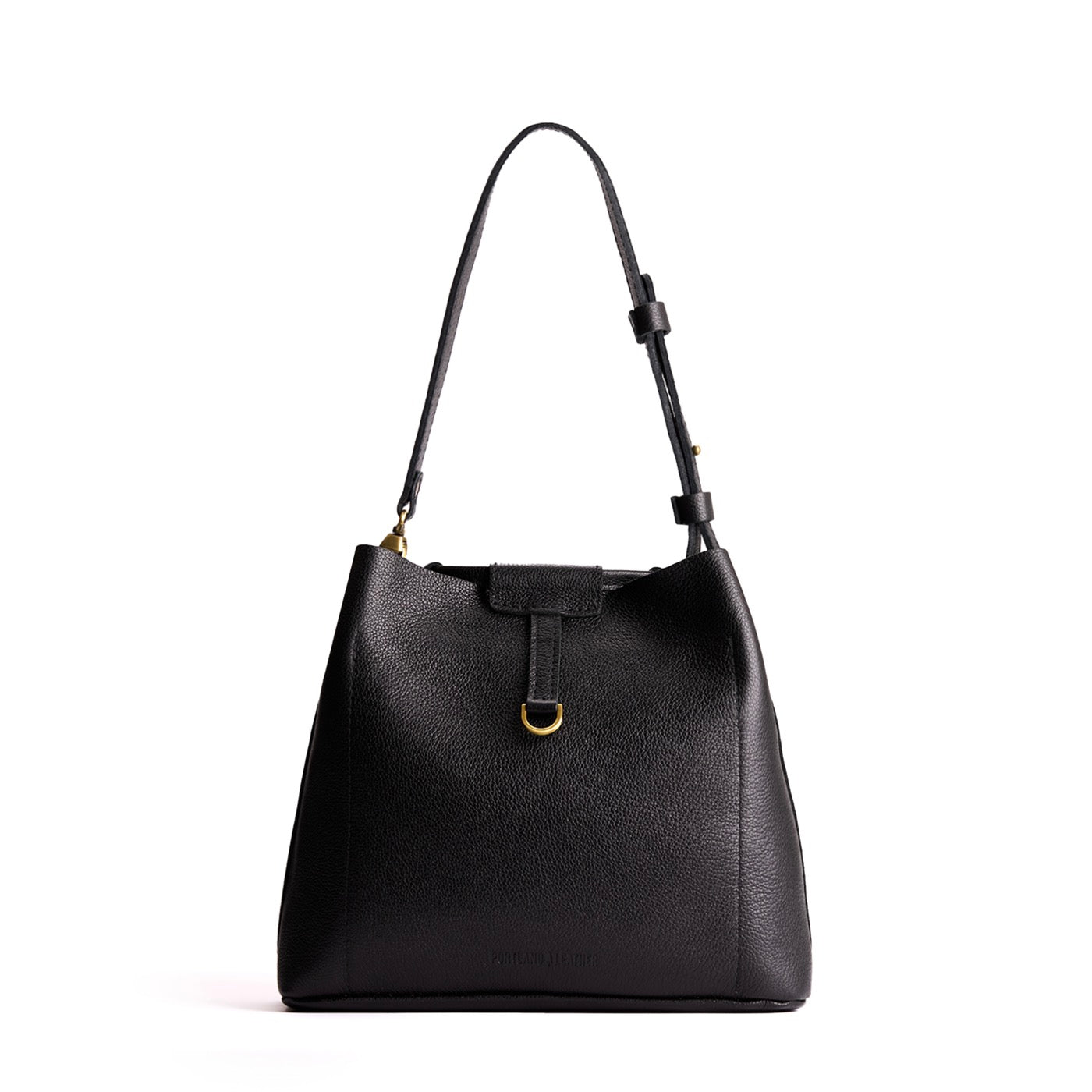 Pebbled--black*Large | Symmetrical leather bag with leather drawstring closure and back ring for accessories