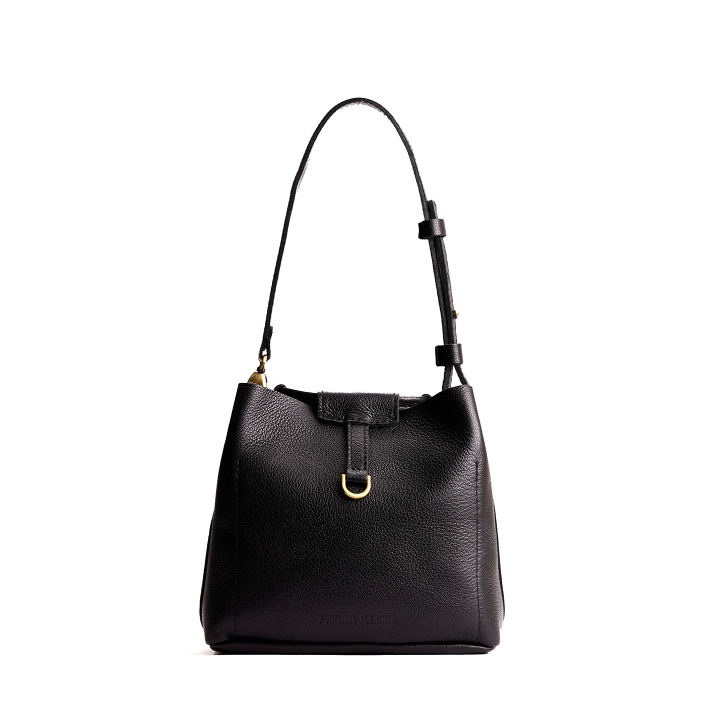 Pebbled--black*Small | Symmetrical leather bag with leather drawstring closure and back ring for accessories