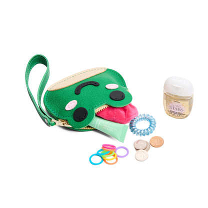 Jolly Green | Frog-shaped pouch with zipper opening, wristlet and products displayed