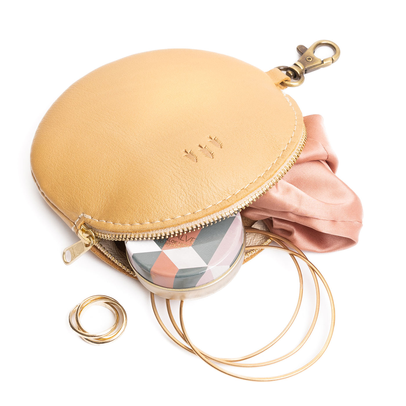 Champagne | Leather flat round keychain pouch