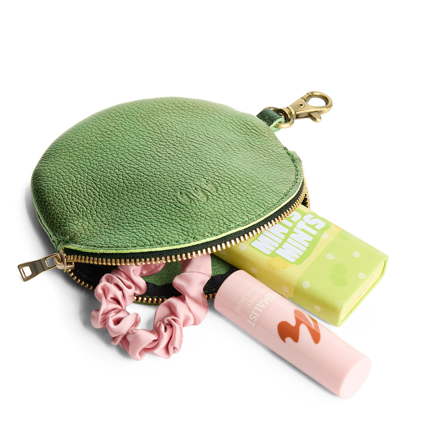 Metallic Greench | Leather flat round keychain pouch