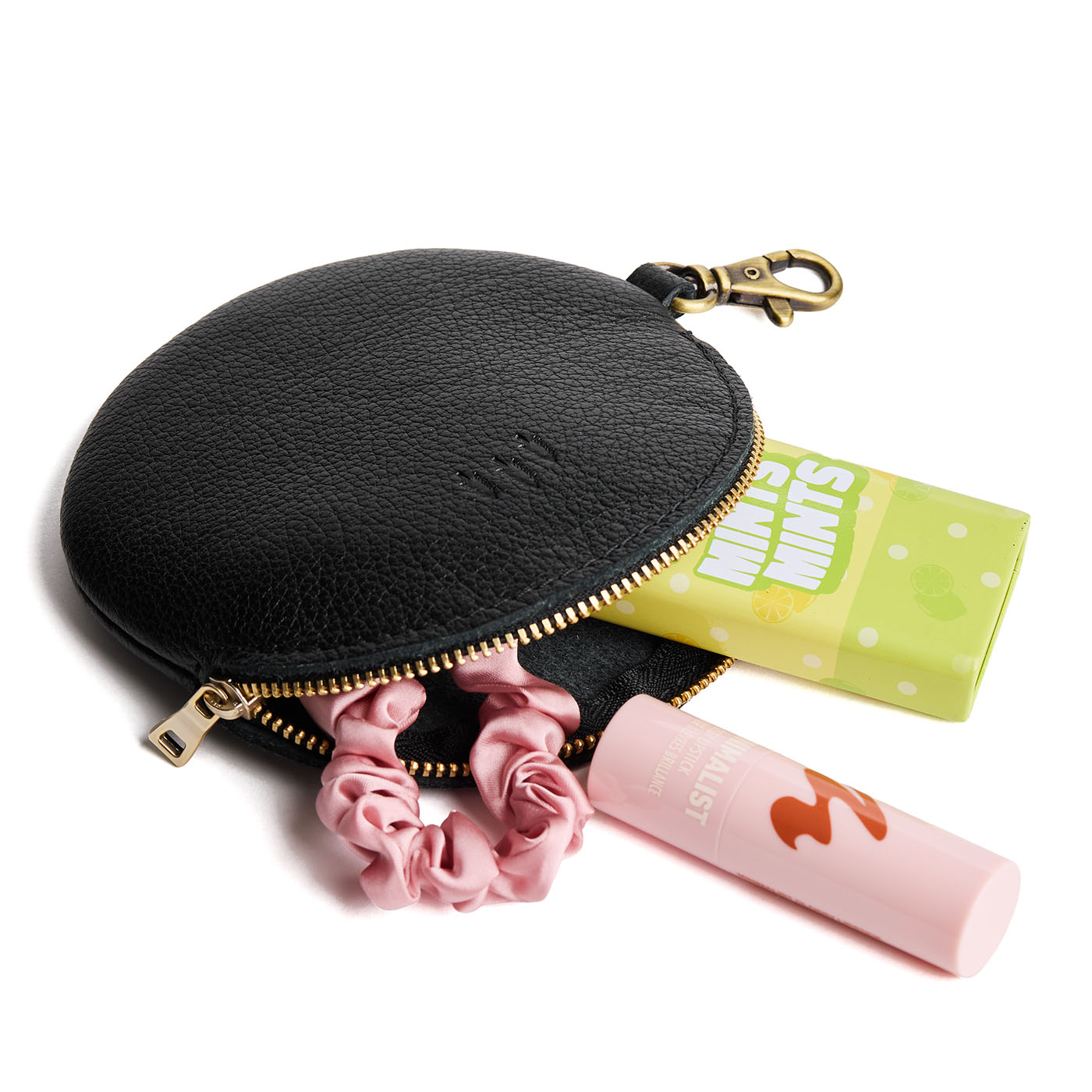 Pebbled--black | Leather flat round keychain pouch