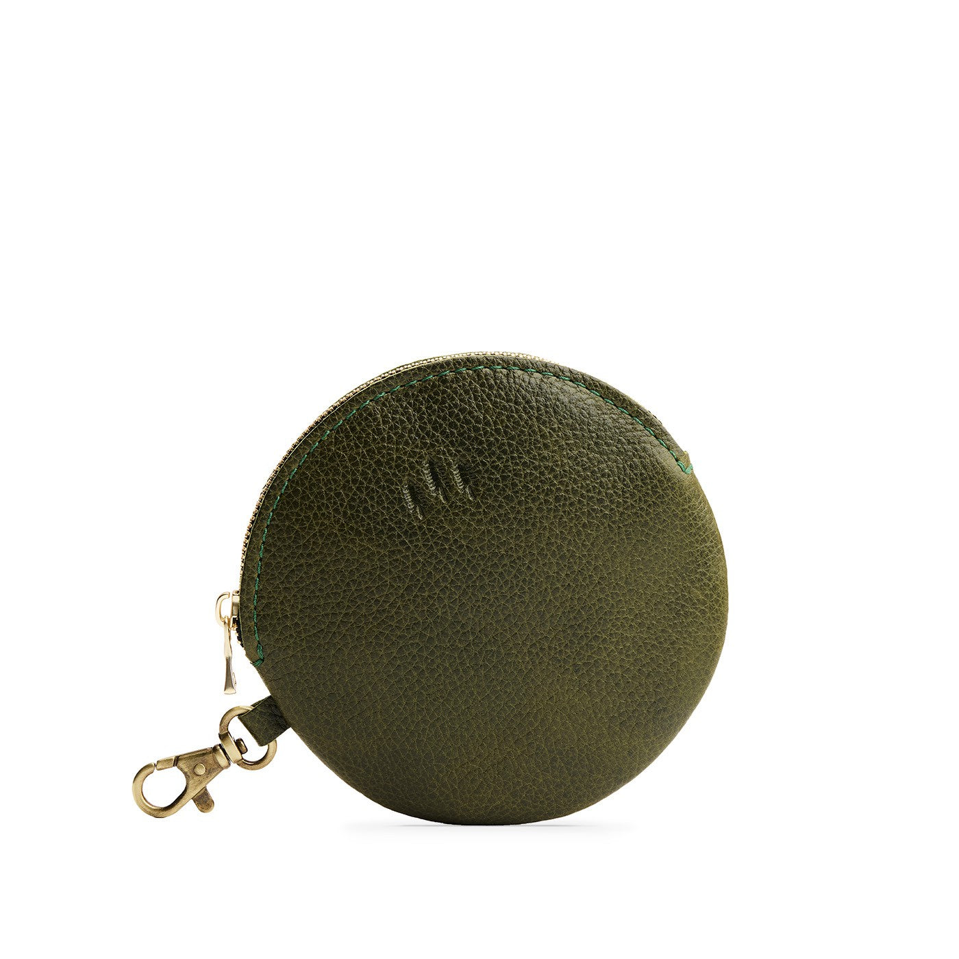 Pebbled Olive | Leather flat round keychain pouch