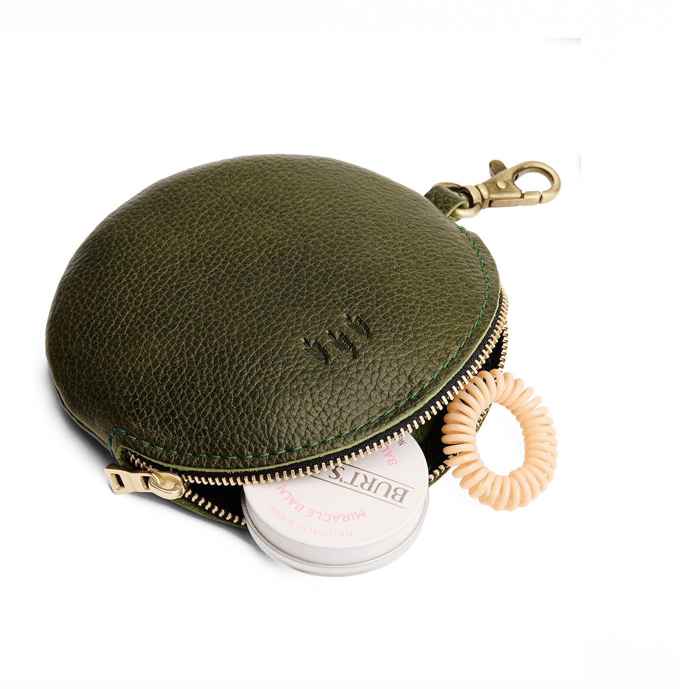 Pebbled Olive | Leather flat round keychain pouch