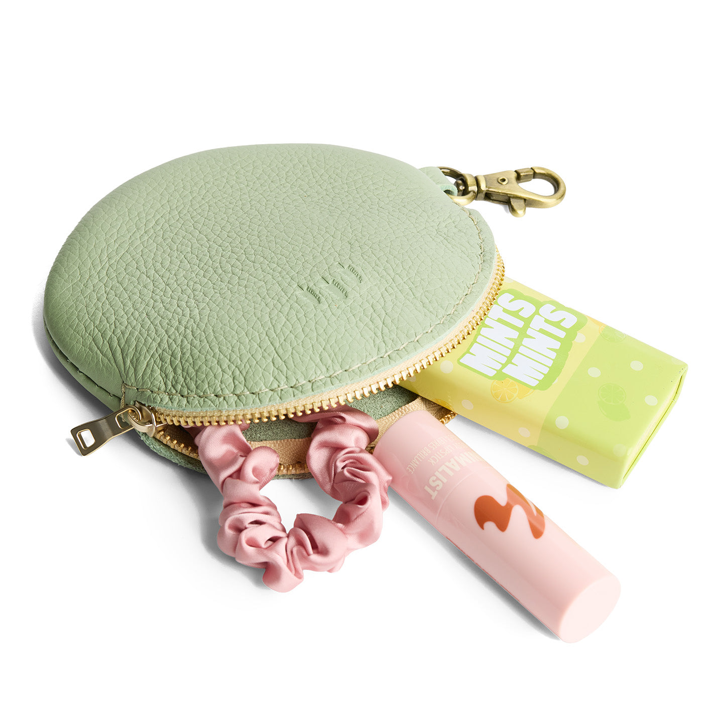 Pistachio | Leather flat round keychain pouch