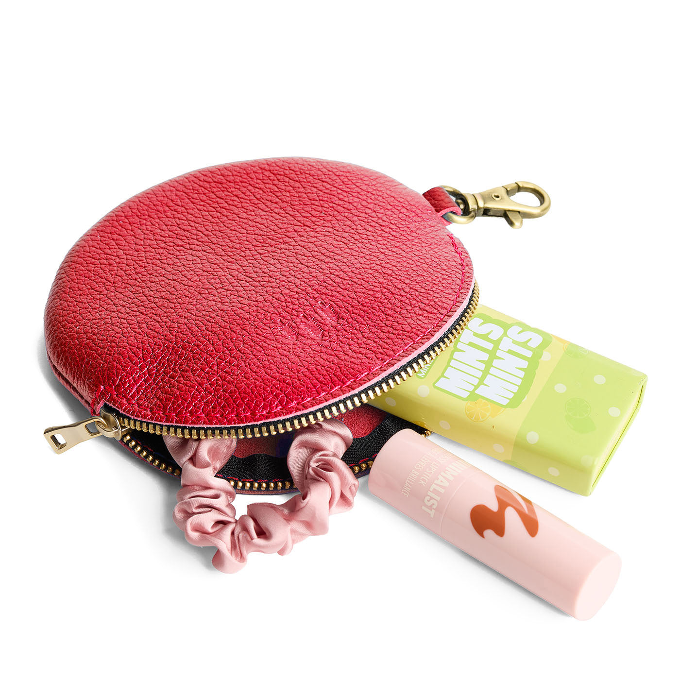 Reba Red | Leather flat round keychain pouch