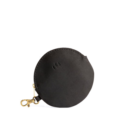 All Color: Shadow Black | Leather flat round keychain pouch