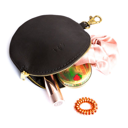 All Color: Shadow Black | Leather flat round keychain pouch