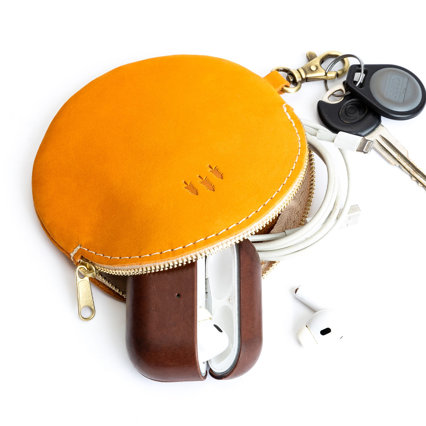 All Color: Turmeric | Leather flat round keychain pouch