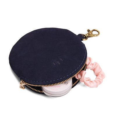 Velvet Blue | Leather flat round keychain pouch