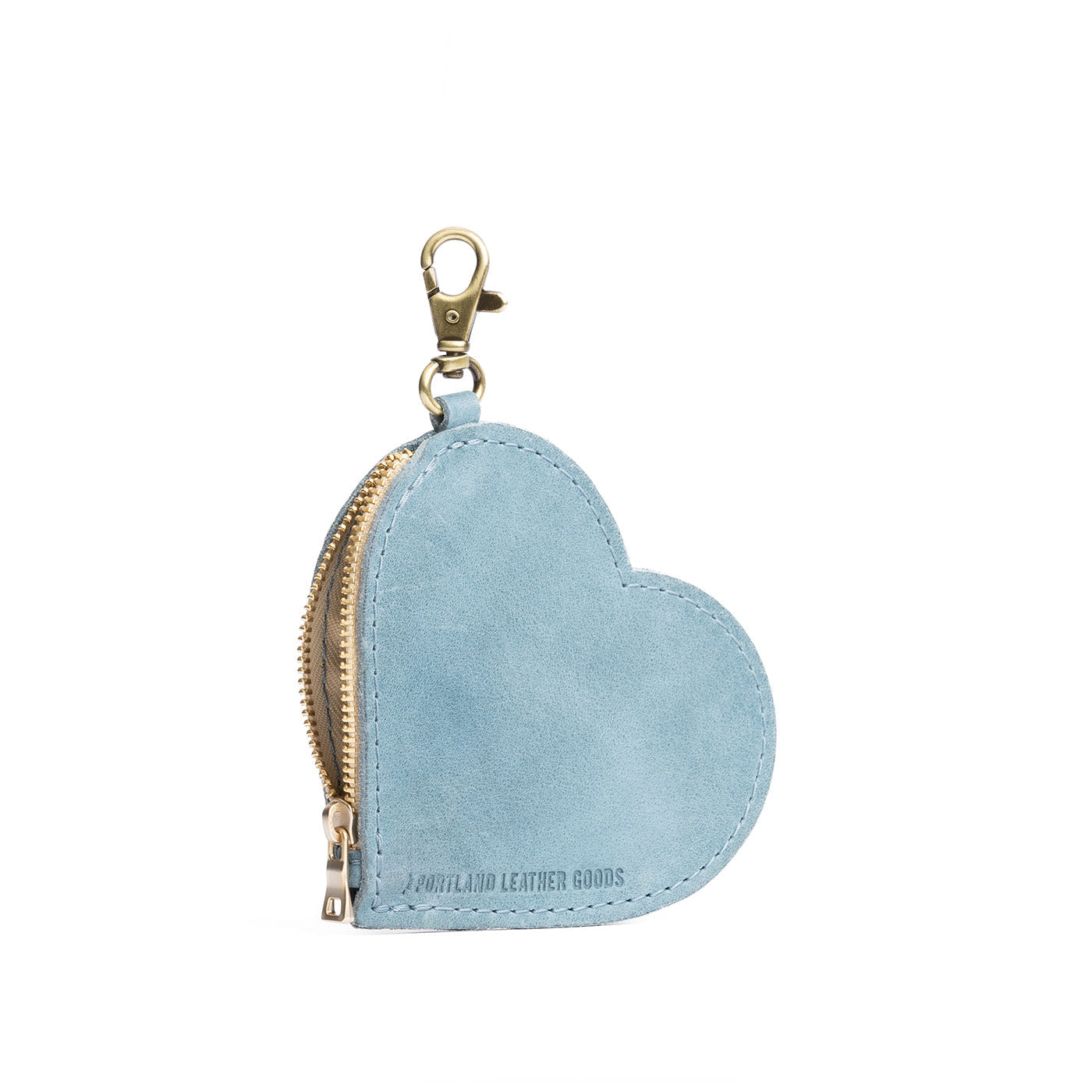 Aqua | Heart-shaped leather pouch keychain with zipper top and lobster clasp
