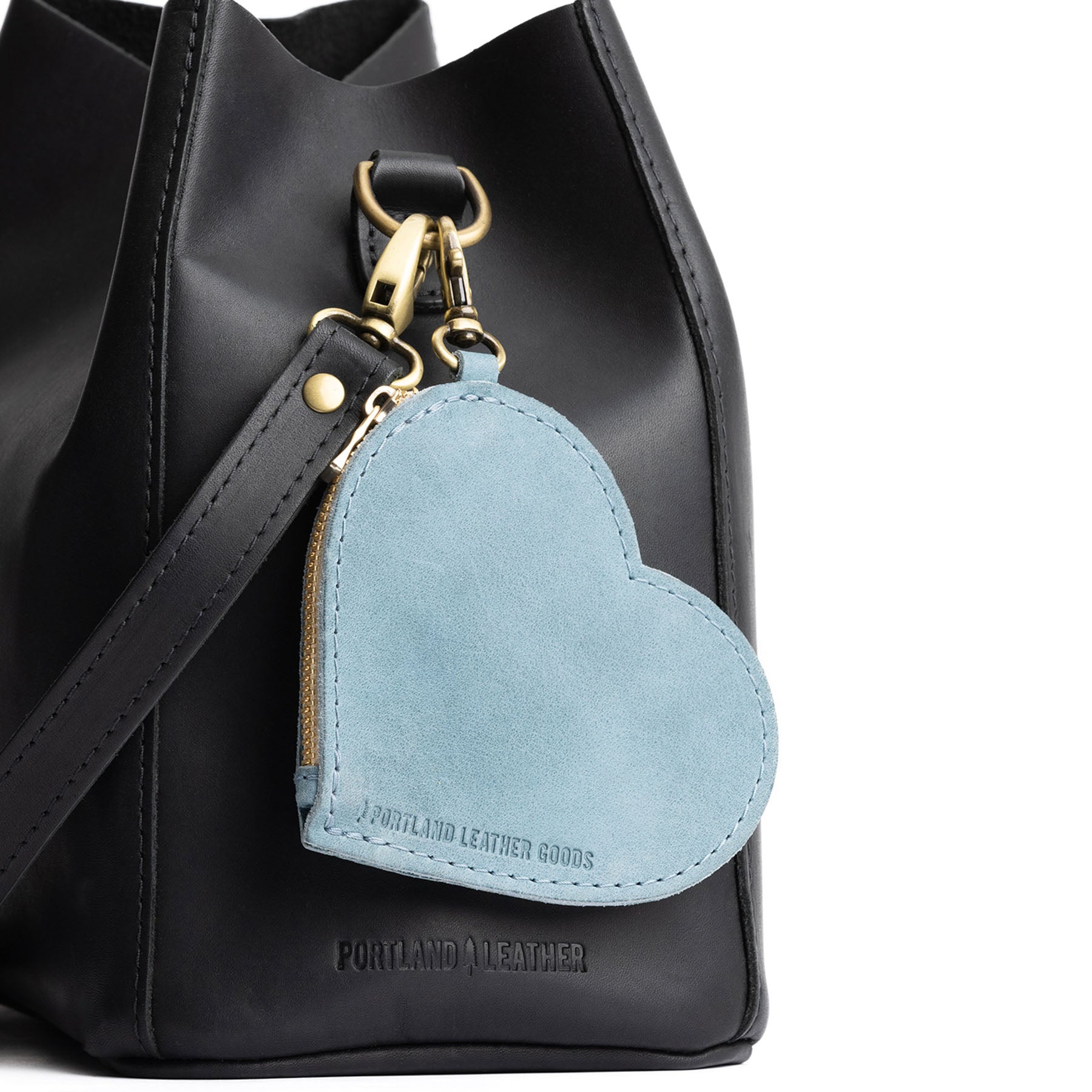Aqua | Heart-shaped leather pouch keychain with zipper top and lobster clasp