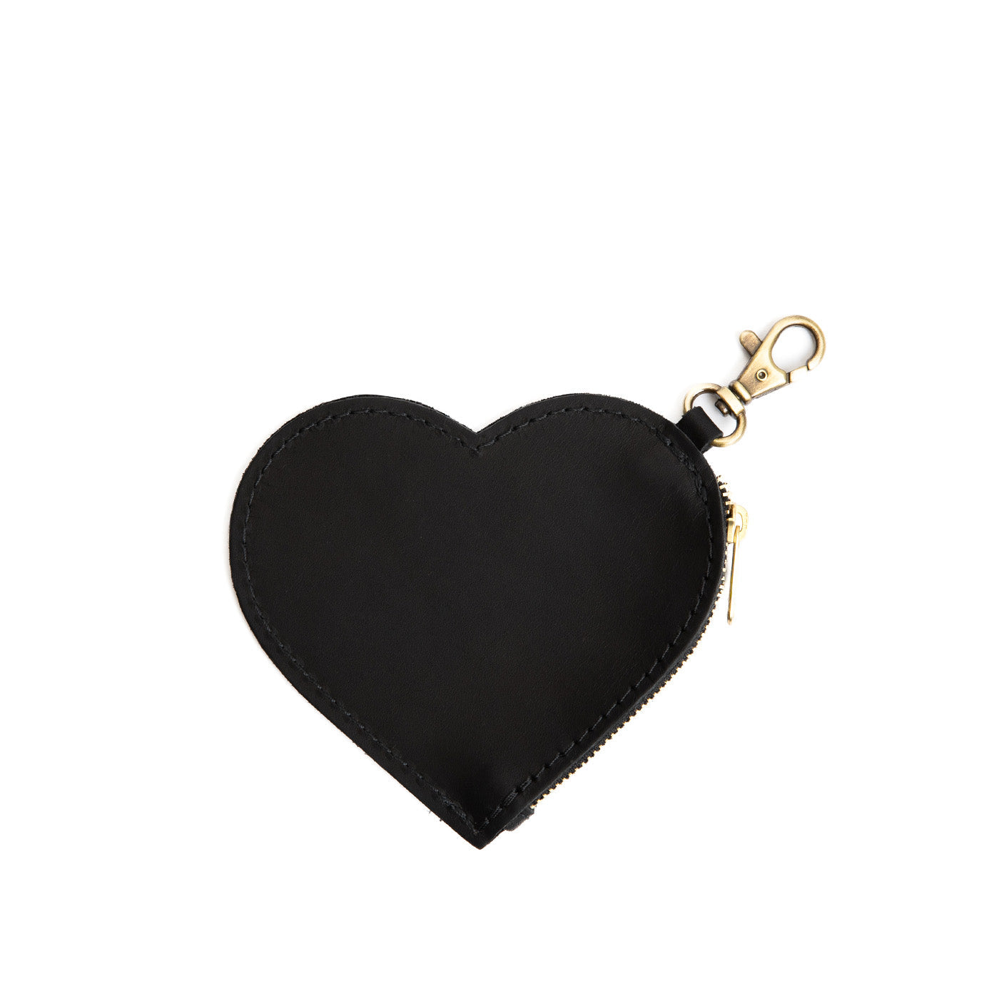 Black | Heart-shaped leather pouch keychain with zipper top and lobster clasp