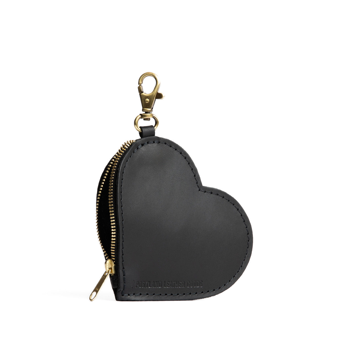 Black | Heart-shaped leather pouch keychain with zipper top and lobster clasp