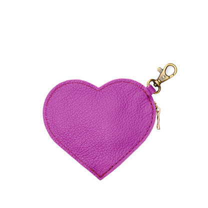 Cattleya | Heart-shaped leather pouch keychain with zipper top and lobster clasp