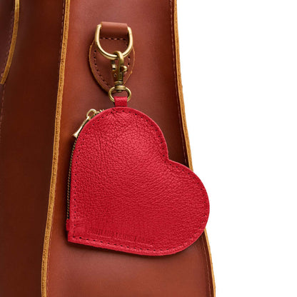 Cherry | Heart-shaped leather pouch keychain with zipper top and lobster clasp