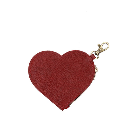 Chili Red | Heart-shaped leather pouch keychain with zipper top and lobster clasp