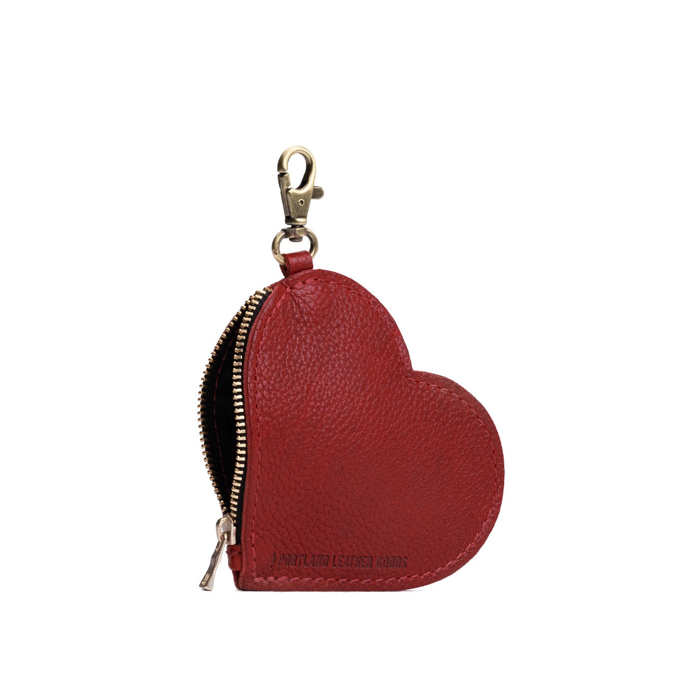 Chili Red | Heart-shaped leather pouch keychain with zipper top and lobster clasp