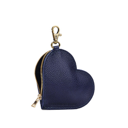 Cobalt | Heart-shaped leather pouch keychain with zipper top and lobster clasp