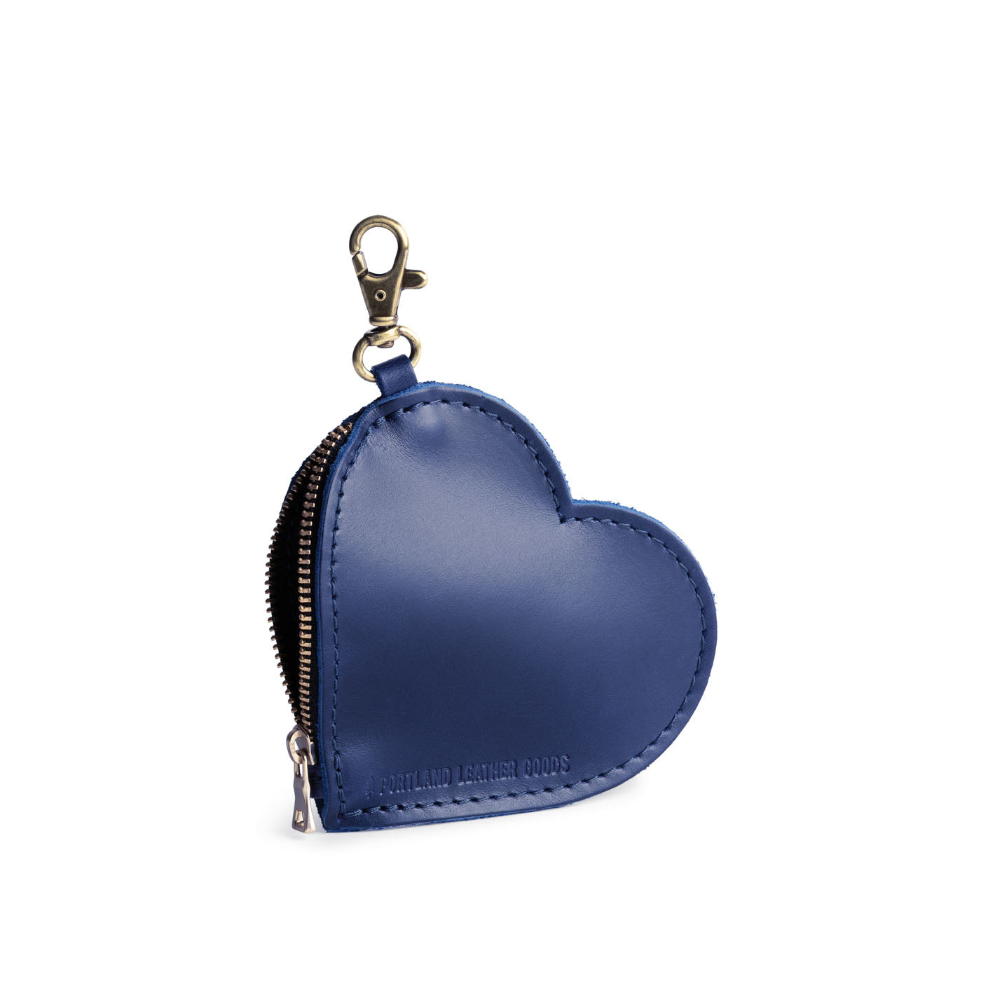 Cowboy Blue | Heart-shaped leather pouch keychain with zipper top and lobster clasp