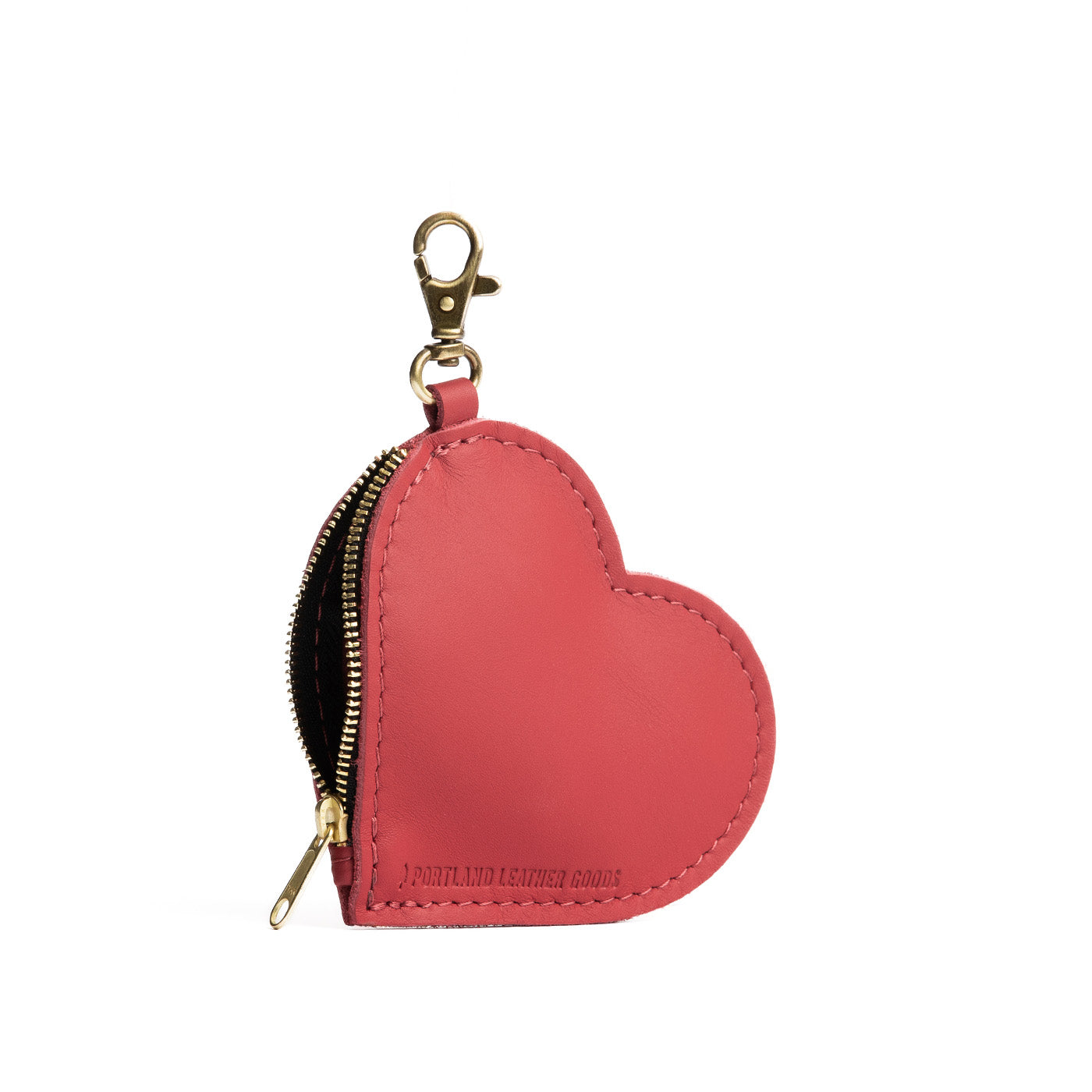 Crimson | Heart-shaped leather pouch keychain with zipper top and lobster clasp