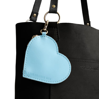 Glacial Blue | Heart-shaped leather pouch keychain with zipper top and lobster clasp