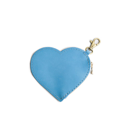 Iceberg Blue | Heart-shaped leather pouch keychain with zipper top and lobster clasp