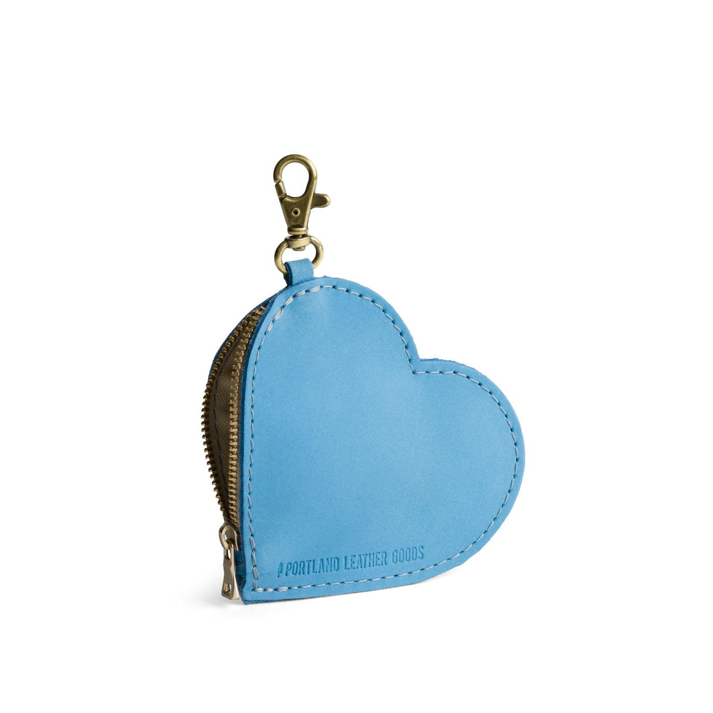 Iceberg Blue | Heart-shaped leather pouch keychain with zipper top and lobster clasp