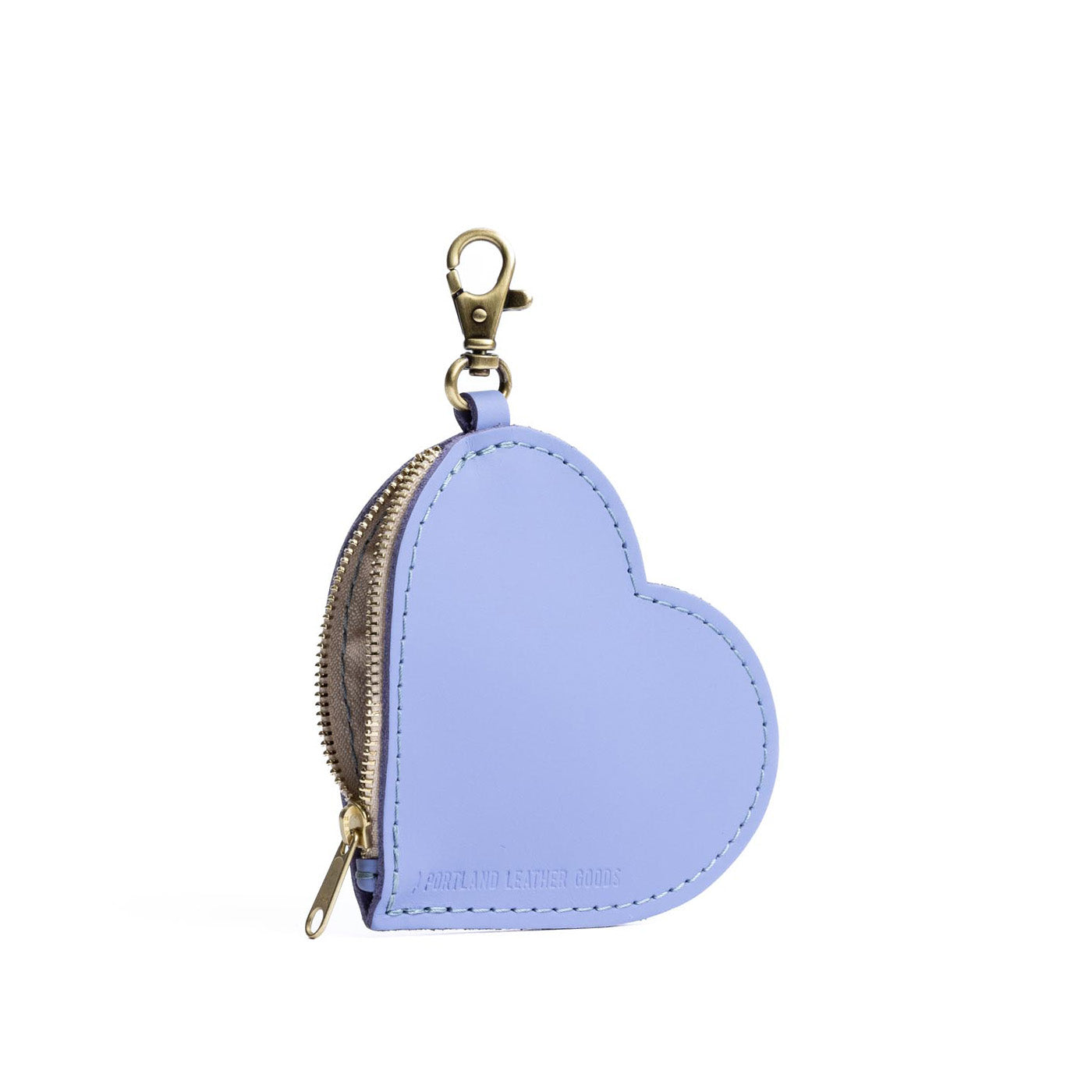 Jacaranda | Heart-shaped leather pouch keychain with zipper top and lobster clasp