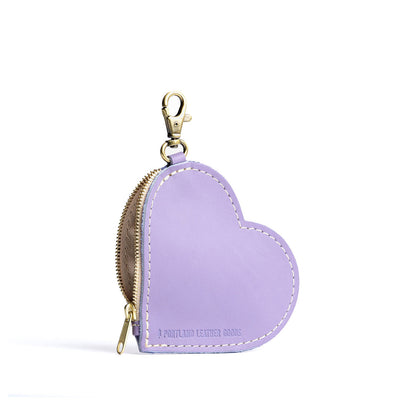 Lavender | Heart-shaped leather pouch keychain with zipper top and lobster clasp