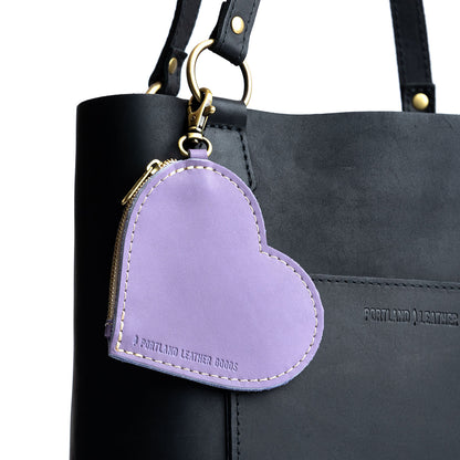 Lavender | Heart-shaped leather pouch keychain with zipper top and lobster clasp